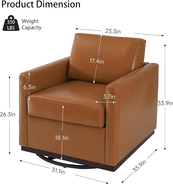 360° Swivel Accent Chair, 31" Wide Faux Leather Upholstered Club Armchairs for Living Room, Comfy Square Swivel Barrel Chair with Metal Base, Light Brown