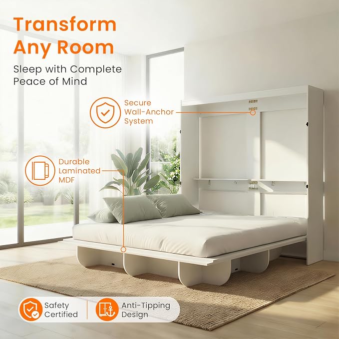 CECER Horizontal Murphy Bed Queen，Save Space for Offices/Guest-White | Multi-Functional Queen Murphy Cabinet Beds with Storage Shelf/Bookshelf，Sturdy frame ＆ Easy Assemble