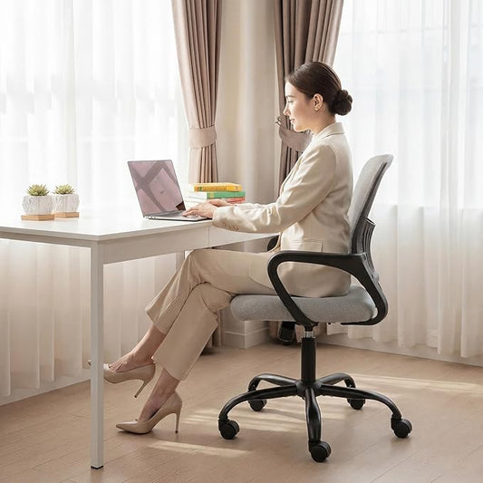 DUMOS Home Office Chair - Ergonomic Mid Back Mesh Desk Chair with Lumbar Support & Rocking Mode, Height Adjustable, Fixed Armrest, for Conference, Computer, 360° Swivel, Adults, Grey