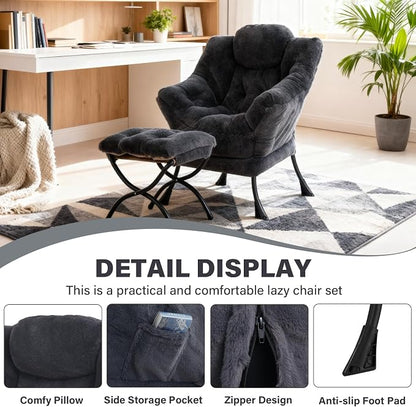 Lazy Chair with Ottoman, Modern Accent Chair Lounge Leisure Sofa Chair with Armrests, Reading Chair and Folding Footstool for Living Room, Bedroom, Office, Plush Navy