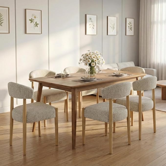 VKNOW Wooden Dining Chairs Set of 6, Modern Upholstered Dining Room Chairs with Rubberwood Legs and Curved Backrest, Fabric Kitchen Chairs for Living Room/Dining Room, Heathered Off-White