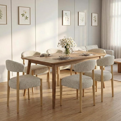 VKNOW Wooden Dining Chairs Set of 6, Modern Upholstered Dining Room Chairs with Rubberwood Legs and Curved Backrest, Fabric Kitchen Chairs for Living Room/Dining Room, Heathered Off-White
