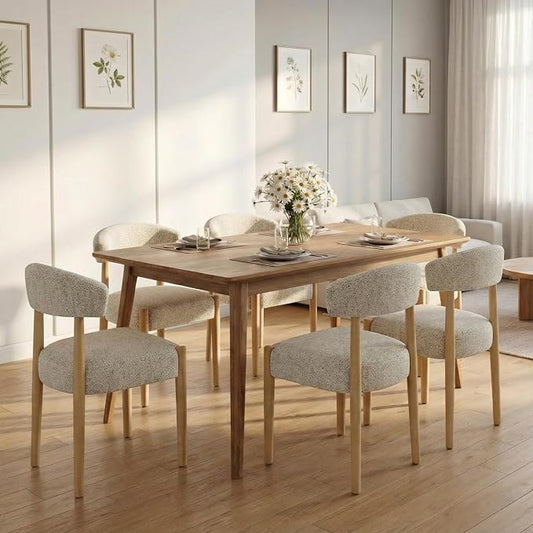 VKNOW Wooden Dining Chairs Set of 6, Modern Upholstered Dining Room Chairs with Rubberwood Legs and Curved Backrest, Fabric Kitchen Chairs for Living Room/Dining Room, Heathered Off-White