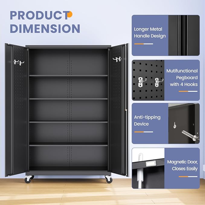 Metal Garage Storage Cabinet with Locking Doors and Adjustable Shelves, Wide & Deep Storage Cabinet on Wheels, 71" Rolling Tool Cabinet for Garage, Basement, Home Office