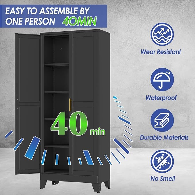 71" Metal Garage Storage Cabinet with 2 Doors, 4 Adjustable Shelves | Metal Storage Cabinets,Steel Tool Cabinets for Home Office,Garage,Warehouse (Black, 71''H x 29''W x 14''D)