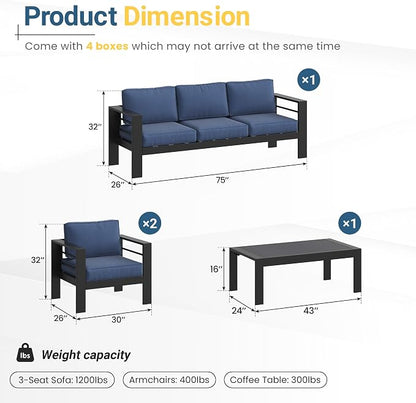 Solaste Aluminum Patio Furniture Set for All Weather, Oversized Metal Outdoor Furniture Set with 27.5" Deep Seating and 3.2" WIde Armrest, Outdoor Patio Conversation Sets with 10’’ Back Suport Cushion