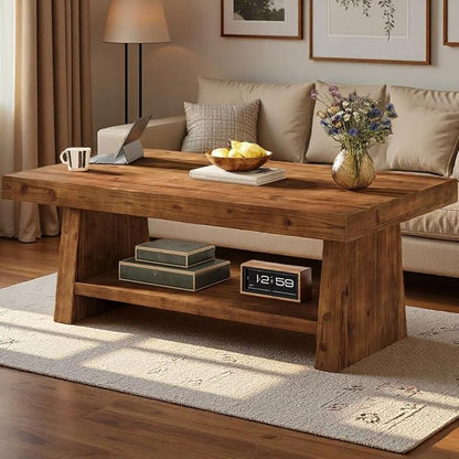 Solid Wood Coffee Table, 47-Inch Farmhouse Wooden Coffee Table for Living Room, 2-Tier Rectangular Center Table with Storage for Apartment, Home Office, Dark Brown