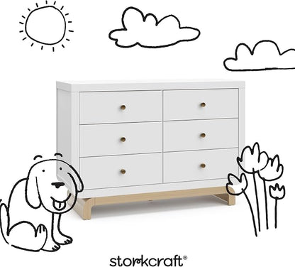 Storkcraft Santorini 6 Drawer Double Dresser (White with Driftwood) - GREENGUARD Gold Certified, Interlocking Drawer System, Dresser Drawer Organizer for Kids Bedroom