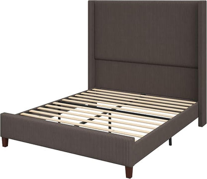 AMERLIFE Queen Size 62" Corduroy Upholstered Bed Frame, Luxurious Platform Bed with Extra Tall Wingback Headboard and Vertical Stripe, No Box Spring Needed/Solid Wood Slats & Legs/Chestnut