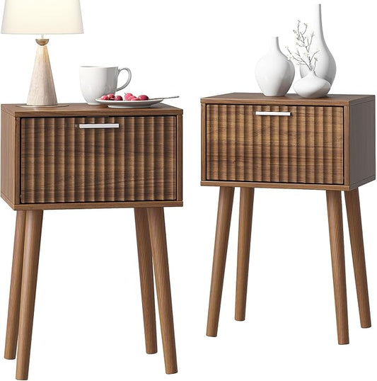 LAATOOREE Nightstands Set of 2, Small Fluted Side Table, Bedside Table with Solid Wood Feet; Modern Mid-Century End Table for Bedroom, Small Space