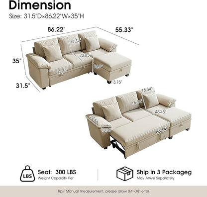 86" Modular Sectional Sleeper Sofa Bed, L Shaped 4 Seat Pull Out Couch with Storage Ottoman, Convertible Cloud Couch Bed, Sectional Couches for Living Room, Apartment (Sand)
