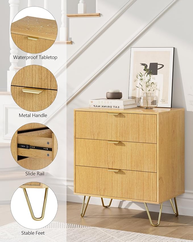 Oak Dresser for Bedroom, Modern Fluted 3 Drawer Dresser with Storage, Dresser Chest of Drawers with Gold Handles for Bedroom, Living Room, Closet, Hallway, 15.8" D x 23.6" W x 27.6" H