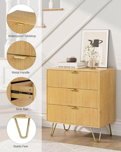 Oak Dresser for Bedroom, Modern Fluted 3 Drawer Dresser with Storage, Dresser Chest of Drawers with Gold Handles for Bedroom, Living Room, Closet, Hallway, 15.8" D x 23.6" W x 27.6" H