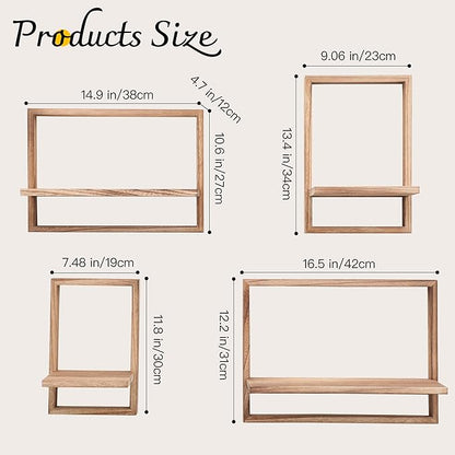 PHOENANCEE Square Floating Shelves,Framed Wall Shelf Decorative Set of 4,Modern Plants Hanging Display Art Decor Storage for Livingroom Bedroom Bathroom Farmhouse,Home Light Wood,Carbonized Black