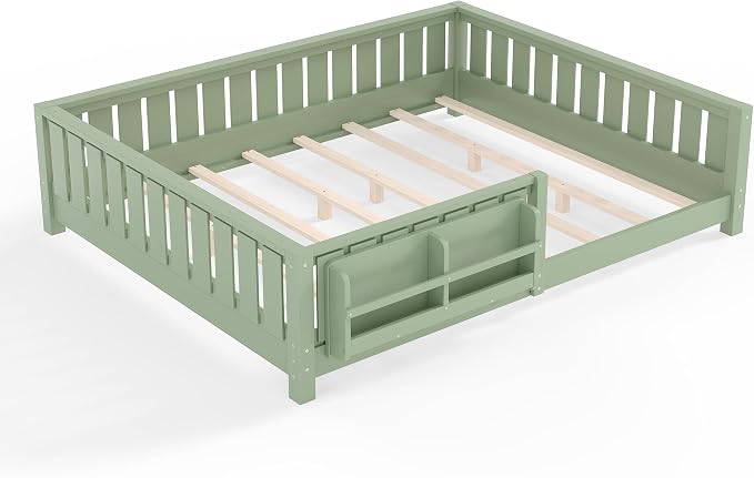 Bellemave Queen Size Floor Bed with high Rails and with Built-in Bookshelf for Kids, Girls, Boys, Wood Montessori Floor Bed Without Door, Avocado Green