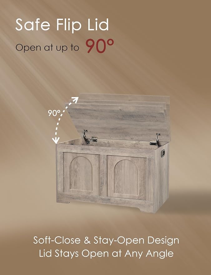 DINZI LVJ Storage Chest, 31.5”Wooden Toy Box with 2 Safety Hinges, Entryway Storage Bench with Flip-Top, Sturdy Storage Trunk for Living Room, Bedroom, Easy Assembly, Greige