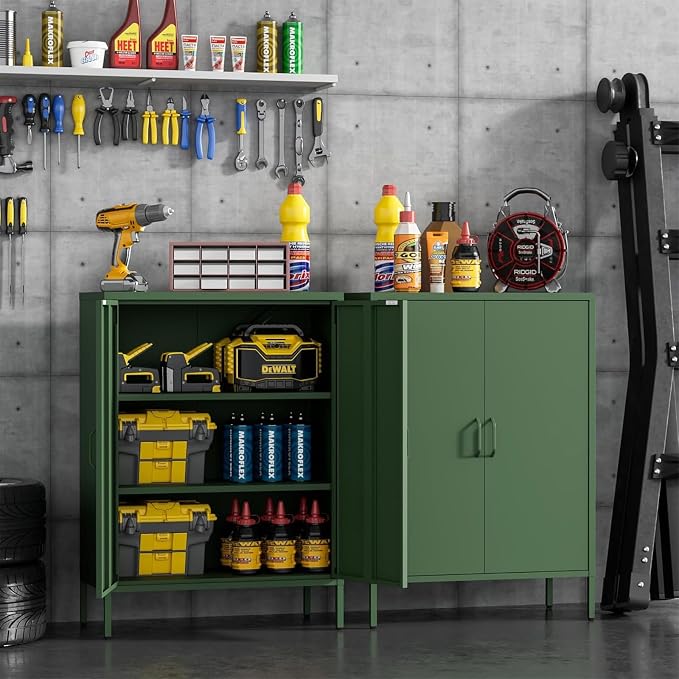 Metal Locker Storage Cabinet, Accent Sideboard Cabinet with Adjustable Shelves for Home Office, Garage, Kitchen, Living Room, Kitchen (Green, 40" H-Metal Doors)