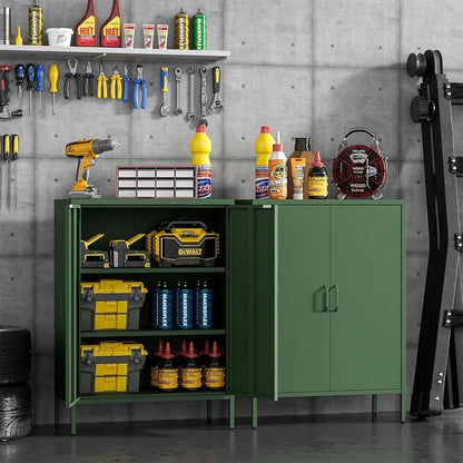 Metal Locker Storage Cabinet, Accent Sideboard Cabinet with Adjustable Shelves for Home Office, Garage, Kitchen, Living Room, Kitchen (Green, 40" H-Metal Doors)