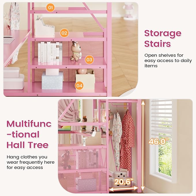 Itaar Stairway Twin Size Loft Bed with L Shaped Desk and Wardrobe, Metal Loft Bed Frame with Stairs, 3 Fabric Drawers, LED Lights & Charging Sation, No Noise & No Box Spring Needed, Pink
