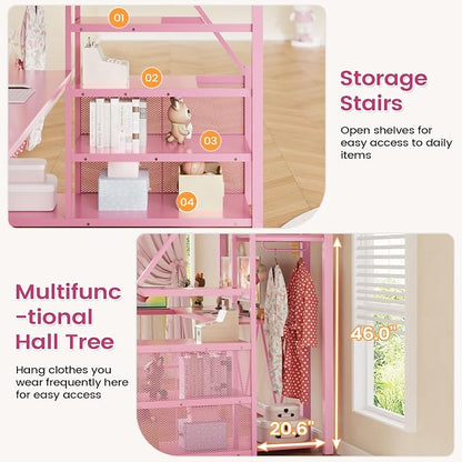 Itaar Stairway Twin Size Loft Bed with L Shaped Desk and Wardrobe, Metal Loft Bed Frame with Stairs, 3 Fabric Drawers, LED Lights & Charging Sation, No Noise & No Box Spring Needed, Pink