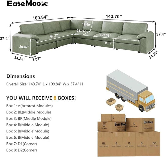 EASE MOOSE Leather Sectional Couch, Oversized Modular Sectional Sofa, Classic Wide Deep Seat Modular Couch, Scratch Resistant Faux Leather Material, L Shaped Sofas for Living Room, Green