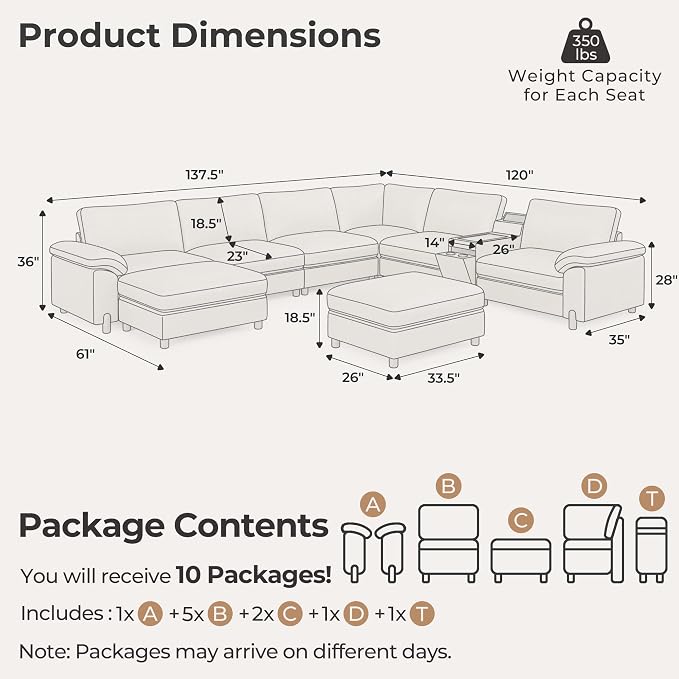 SITJOY Large Cloud Couch, 138" Wide 6 Seater V Shaped with Console, White | Pet-Friendly Scratch-Resistant Leather Sectional Sofas for Living Room, Deep Seat Wide Couch with Chaise, Storage Ottoman