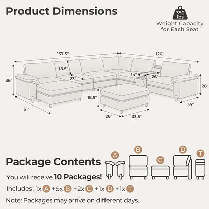 SITJOY Large Cloud Couch, 138" Wide 6 Seater V Shaped with Console, White | Pet-Friendly Scratch-Resistant Leather Sectional Sofas for Living Room, Deep Seat Wide Couch with Chaise, Storage Ottoman