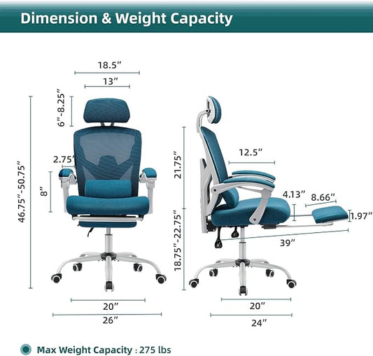 DUMOS Home Office Desk Chair with Footrest, High-Back Mesh Rolling Swivel Reclining Chairs with Wheels, Comfortable Headrest, Lumbar Support, Comfy Arms for Home, Office, Gaming, Student, Elegant Blue