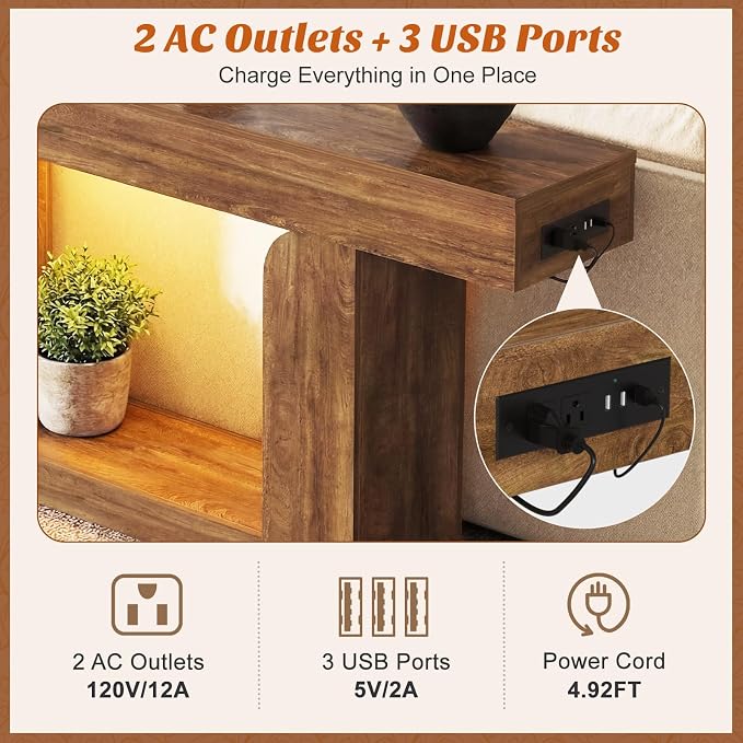 Homieasy Console Table, 47" Entryway Table with LED Lights & Charging Station, Farmhouse Wooden Sofa Table Behind Couch, Narrow Hallway Table for Living Room, Foyer, Entry, Rustic Oak