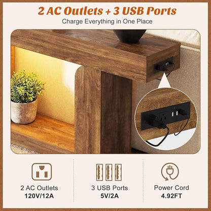 Homieasy Console Table, 47" Entryway Table with LED Lights & Charging Station, Farmhouse Wooden Sofa Table Behind Couch, Narrow Hallway Table for Living Room, Foyer, Entry, Rustic Oak
