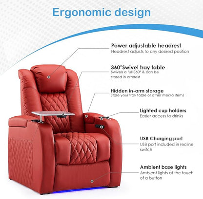 Weilianda Home Theater Seating Top Grain Leather Zero Gravity Recliner Chair Power Headrest Recline Movie Seat Gaming 7 Colors Mood Light Sofa with Tray Table USB Charge Row of 4 Loveseat Right Red