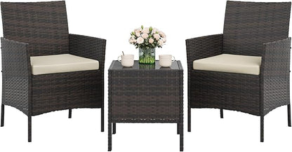 GAOMON 3-Piece Patio Furniture Set, Modern PE Rattan Conversation Set with 2 Chairs & Tempered Glass Coffee Table, All-Weather Outdoor Seating for Garden, Porch, Balcony, Poolside, Brown/Cream