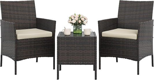 GAOMON 3-Piece Patio Furniture Set, Modern PE Rattan Conversation Set with 2 Chairs & Tempered Glass Coffee Table, All-Weather Outdoor Seating for Garden, Porch, Balcony, Poolside, Brown/Cream