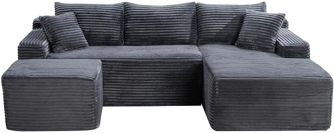 95-Inch U-Shaped Right Facing Corner Compressed Sofa Modular Sectional Boneless Cloud Sofa Floor Foam Couch W/Chaise Lounge & Ottoman, Corduroy Corner Boneless Cloud Couch