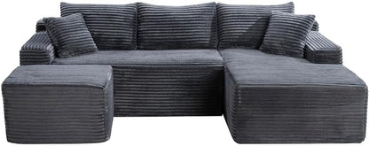 95-Inch U-Shaped Right Facing Corner Compressed Sofa Modular Sectional Boneless Cloud Sofa Floor Foam Couch W/Chaise Lounge & Ottoman, Corduroy Corner Boneless Cloud Couch