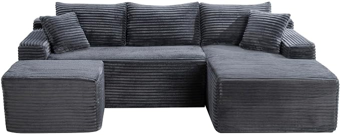 106-Inch Oversized U-Shaped Right Facing Corner Compressed Sofa Modular Boneless Cloud Sectional Sofa Floor Foam Couch W/Chaise & Ottoman, Corduroy Corner Boneless Cloud Couch