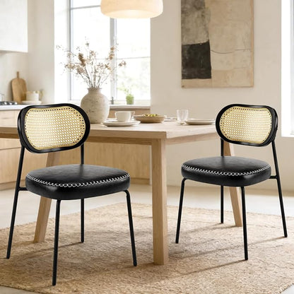 Rattan Dining Chairs Set of 2, Upholstered Dining Chairs with Handwoven Cane Back, Mid Century Modern Kitchen & Dining Room Chairs with Thick Cushion and Metal Frame, 300 lbs Capacity, Black