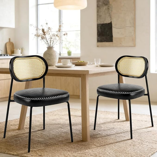 Rattan Dining Chairs Set of 2, Upholstered Dining Chairs with Handwoven Cane Back, Mid Century Modern Kitchen & Dining Room Chairs with Thick Cushion and Metal Frame, 300 lbs Capacity, Black