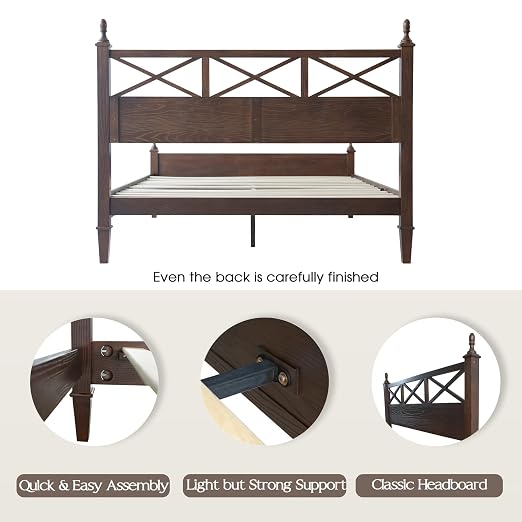 Queen Size Bed Frame with Headboard & Footboard, Solid Wood Platform Bed, Central Metal Legs, 12 Sturdy Slatted Base, Noise-Free & Anti-Slip, No Box Spring Needed, Dark Roast Oak Finish RIQ-32