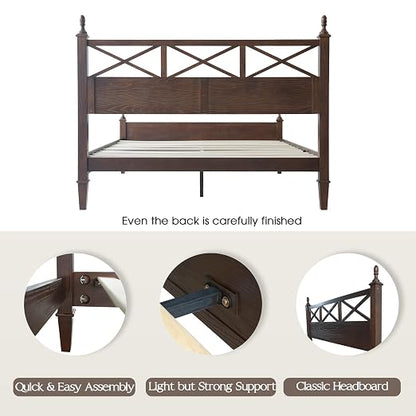 Queen Size Bed Frame with Headboard & Footboard, Solid Wood Platform Bed, Central Metal Legs, 12 Sturdy Slatted Base, Noise-Free & Anti-Slip, No Box Spring Needed, Dark Roast Oak Finish RIQ-32