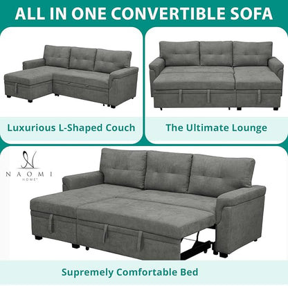 Naomi Home 84" L-Shaped Sectional Sleeper Sofa with Pull Out Bed | Sleeps Guests Comfortably, Stores Essentials in Chaise & Saves Space, Velvet, Gray Convertible Sofa Bed