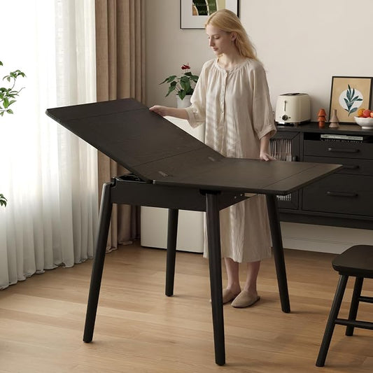Solid Wood Small Dining Table, 23.6"L-47.2"L Expandable Kitchen Table for 2-6, Designed for Small Spaces, Easy Assembly, Suitable for Kitchen, Dining Room, Living Room, Apartment (Black)