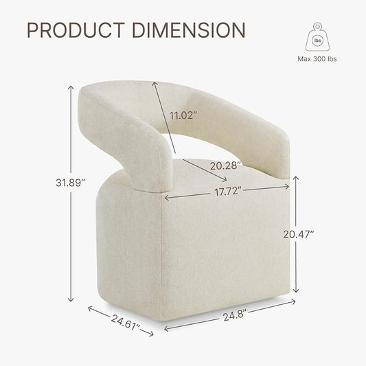 KISLOT Upholstered Dining Chairs Set of 1, Modern Arm Kitchen & Dining Room Chairs with Hidden Casters, Linen Fabric Padded Rolling Chairs, Sturdy Wood Frame, 300 lbs Capacity, Cream Beige