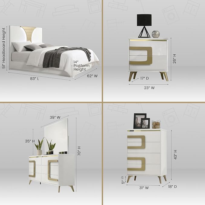 Kings Brand Furniture Claire 6-Piece Queen Size Bedroom Set - Bed with LED Headboard, Dresser, Mirror, Chest and 2 Nightstands, White/Gold