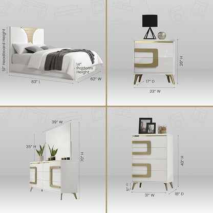 Kings Brand Furniture Claire 6-Piece Queen Size Bedroom Set - Bed with LED Headboard, Dresser, Mirror, Chest and 2 Nightstands, White/Gold