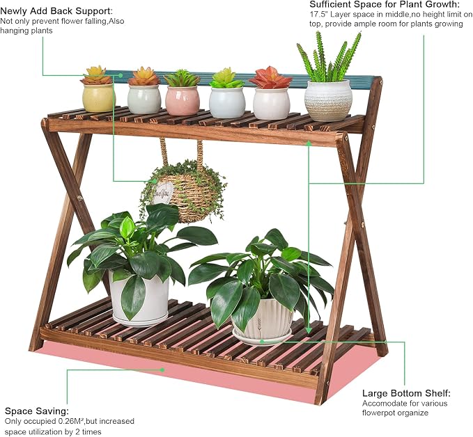 Indoor Plant Stand for Multiple Plants 2 Tier Wood Plant Shelf with Hanging | Outdoor Flower Pot Stand Holder with Planter Hanger for Yard Patio Garden Balcony Porch Living Room Corner ( Rustic X-Cross)