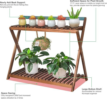 Indoor Plant Stand for Multiple Plants 2 Tier Wood Plant Shelf with Hanging | Outdoor Flower Pot Stand Holder with Planter Hanger for Yard Patio Garden Balcony Porch Living Room Corner ( Rustic X-Cross)