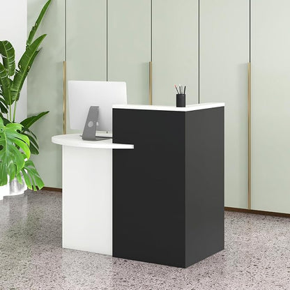 Reception Desk, Retail Checkout Counter w/Lockable Drawer & Open Shelves, Computer Workstation, Small Front Desk Reception Counter for Company Lobby Store Salon Office (White & Black)