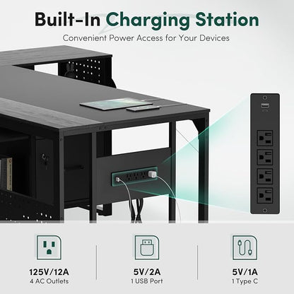 MALOL 70.3" L-Shaped Office Desk, Reversible L-Shaped Computer Desk with Power Outlet, Large Executive Desk with Locked File Drawers & Storage Shelves, Pegboard, Mobile CPU Stand, Modern Corner Desk