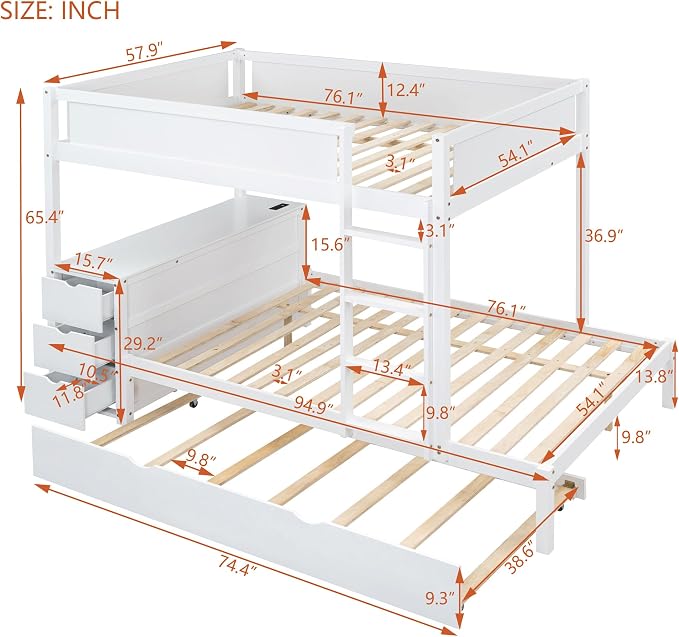 Harper & Bright Designs Full Over Full Bunk Bed Twin Size Trundle, Wood Full Bunk Bed with USB Ports, Storage and Desk, White
